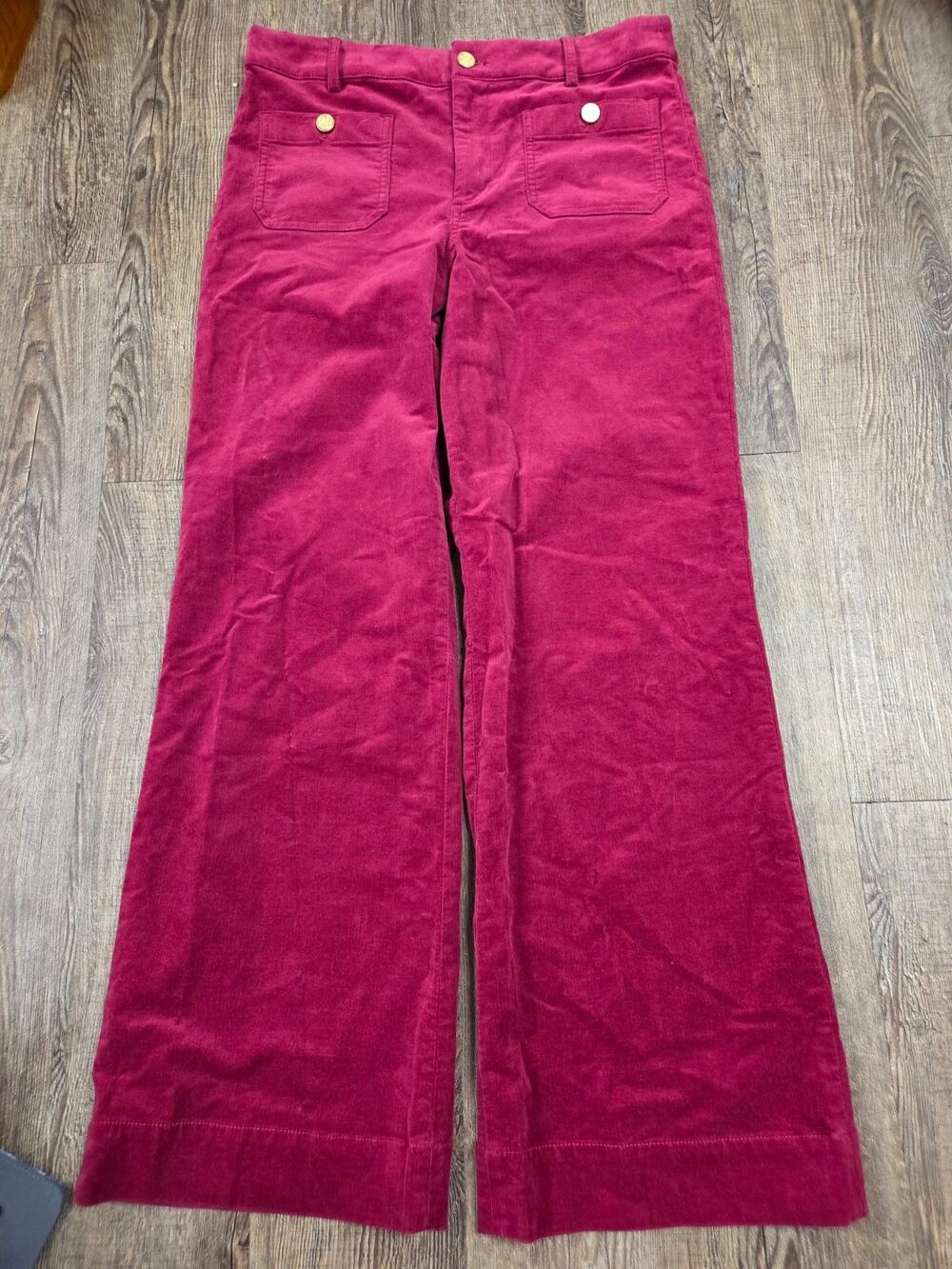 J Crew Lizzie Pants Corduroy High Waisted Rise Wide Leg Gold Buttons 29 Red Pink